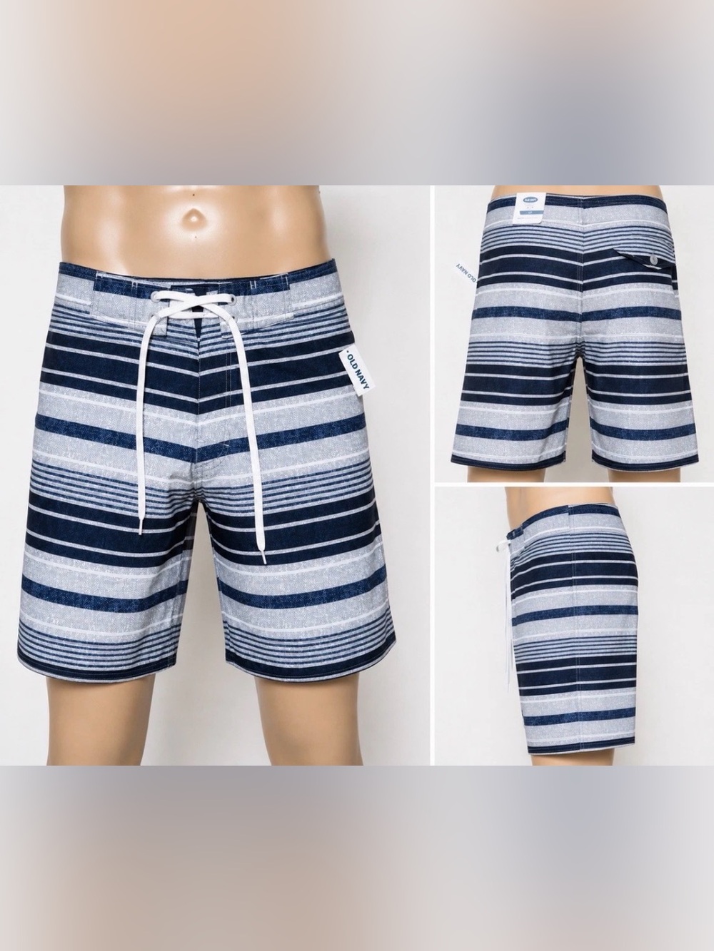 Old Navy Men’s Board Shorts Swim Trunks Striped Gray Blue NWT